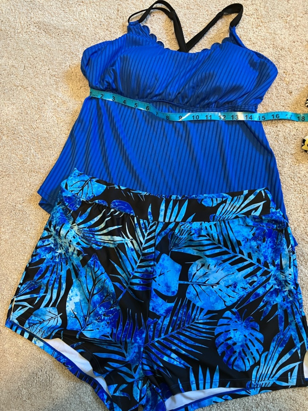 Tankini Womens Bathing Suit Set Blue Tropical Top & Bottoms L